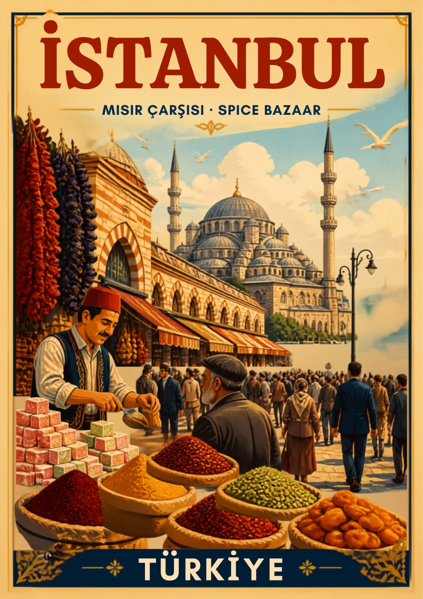 Misir Carsisi — Istanbul art print: a busy Spice Bazaar street scene with a fez-wearing vendor beside baskets of red, green and gold spices and Turkish delight, shoppers passing under awnings and the domes and minarets of a mosque behind