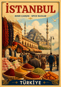 Misir Carsisi — Istanbul art print: a busy Spice Bazaar street scene with a fez-wearing vendor beside baskets of red, green and gold spices and Turkish delight, shoppers passing under awnings and the domes and minarets of a mosque behind