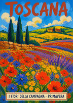 Campagna In Primavera — Tuscany art print: thick-brushed spring wildflower fields of poppies, cornflowers and lavender below cypresses and a farmhouse; scarlet, purple, yellow and green