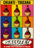 Chianti Salute — Tuscany art print: pop-art grid of nine straw-wrapped Chianti fiaschi on bright colour blocks with a SALUTE! speech bubble; red, yellow, pink and blue
