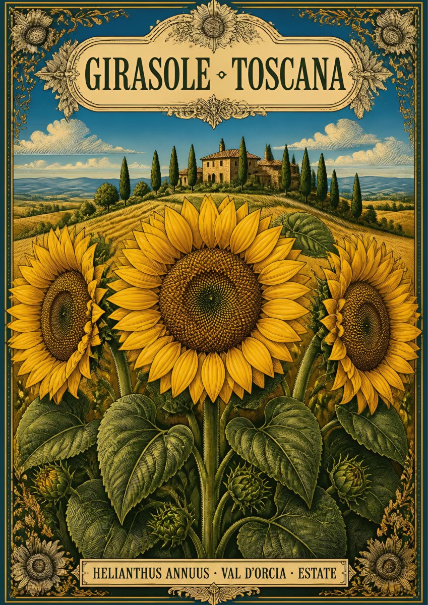 Girasole — Tuscany art print: engraved-style sunflowers in close-up before a hilltop villa and cypresses; golden yellow petals, deep green leaves, blue sky