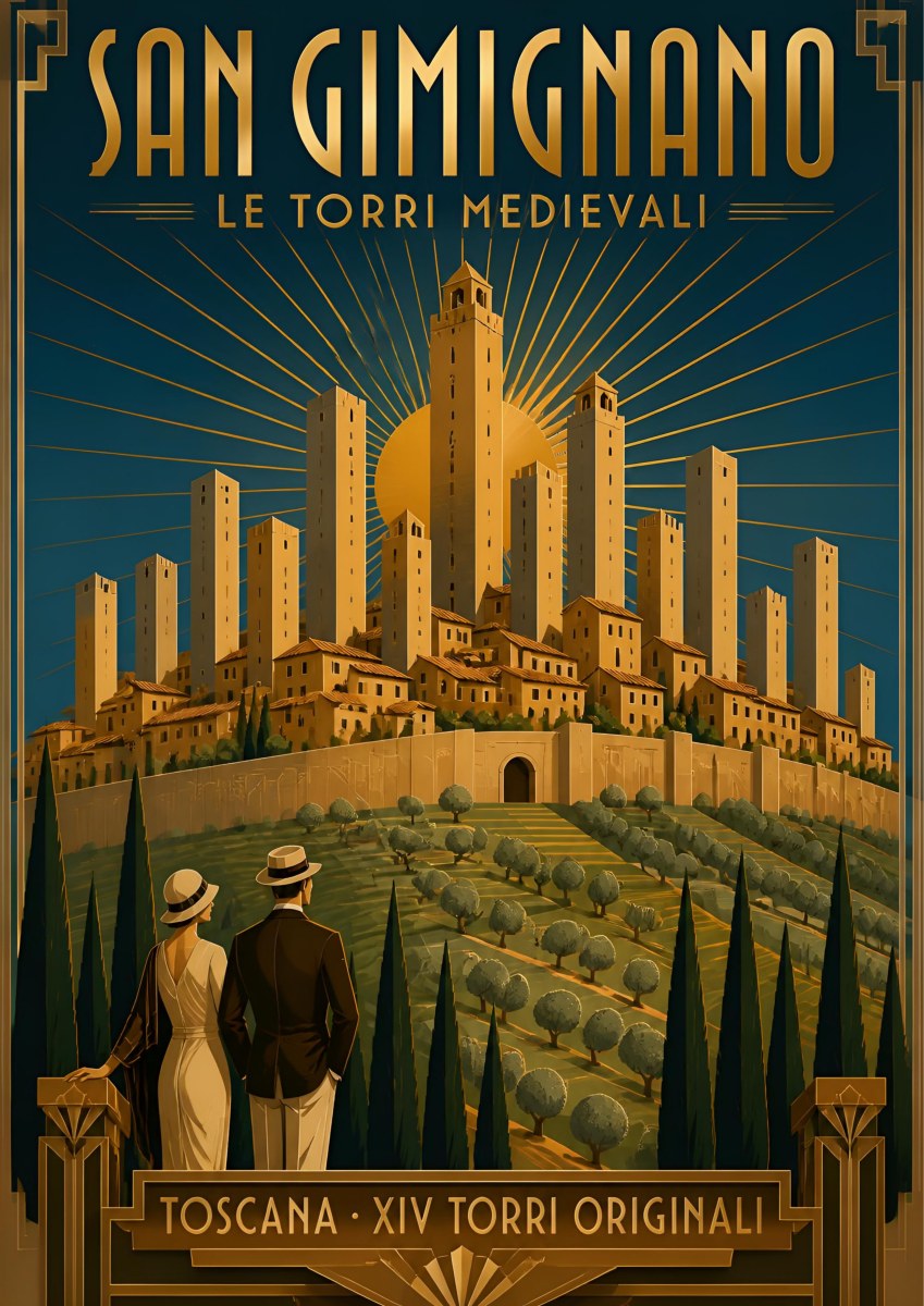 Le Torri Medievali — Tuscany art print: art Deco San Gimignano with its medieval towers over olive groves and a 1920s couple looking on; teal sky, gold sunburst, sandstone towers