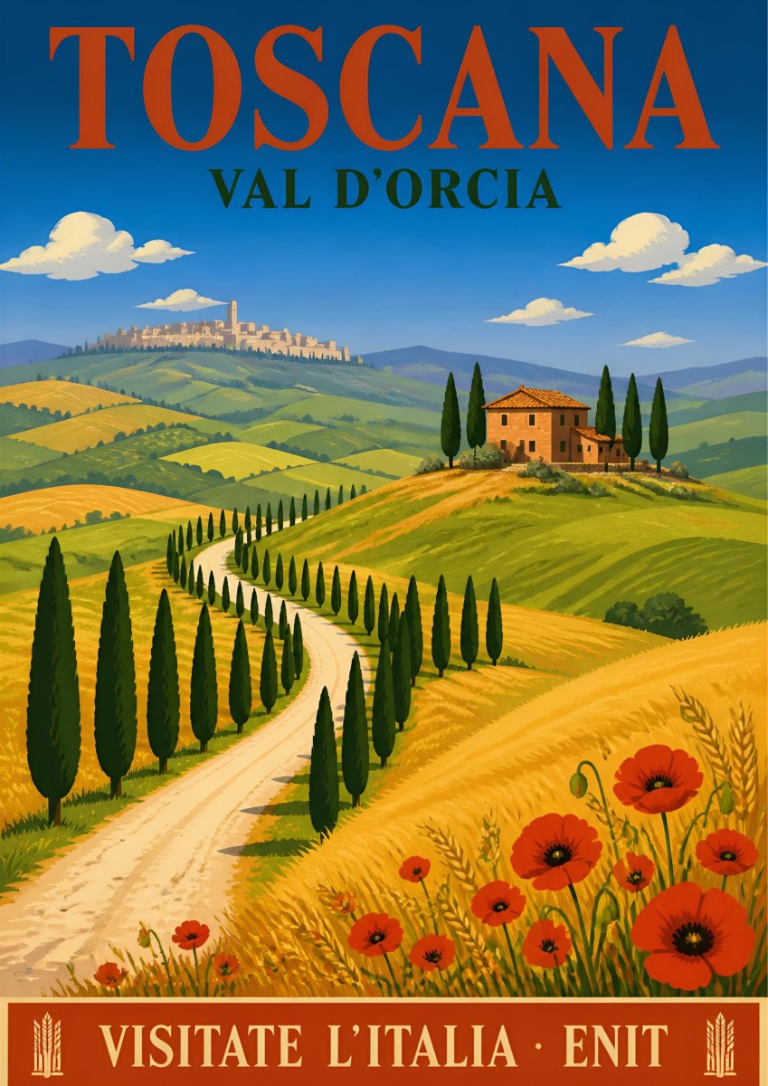 Val D'Orcia — Tuscany art print: winding cypress-lined road through golden and green hills to a stone farmhouse, red poppies in the foreground; blue sky with white clouds