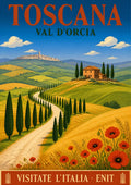Val D'Orcia — Tuscany art print: winding cypress-lined road through golden and green hills to a stone farmhouse, red poppies in the foreground; blue sky with white clouds