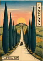 Viale Dei Cipressi — Tuscany art print: cypress avenue leading uphill to a farmhouse at sunrise with a horse and cart on the track; muted olive green, wheat gold, peach sky