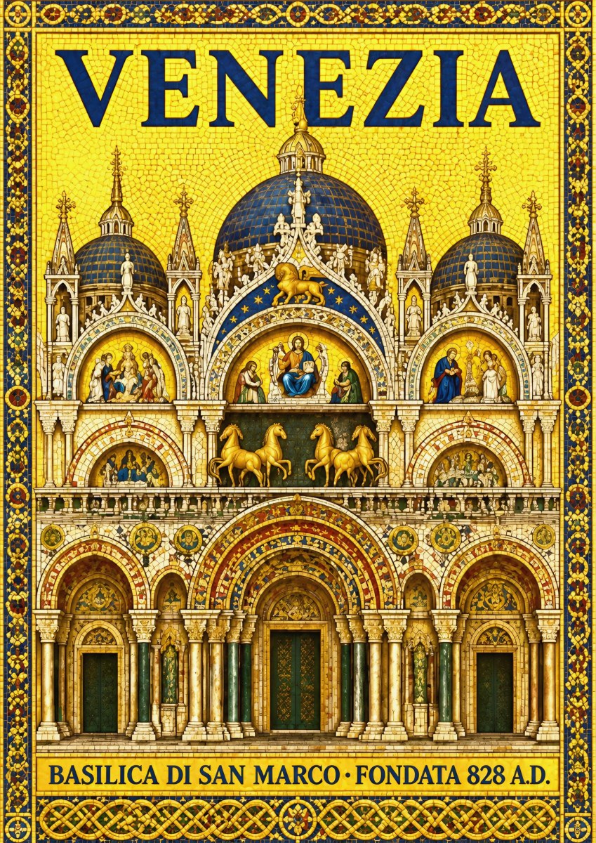 Basilica Di San Marco — Venice art print: st Mark's Basilica facade rendered as gold mosaic with blue domes, bronze horses and a jewelled border