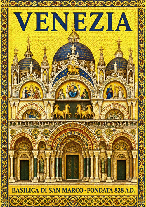 Basilica Di San Marco — Venice art print: st Mark's Basilica facade rendered as gold mosaic with blue domes, bronze horses and a jewelled border