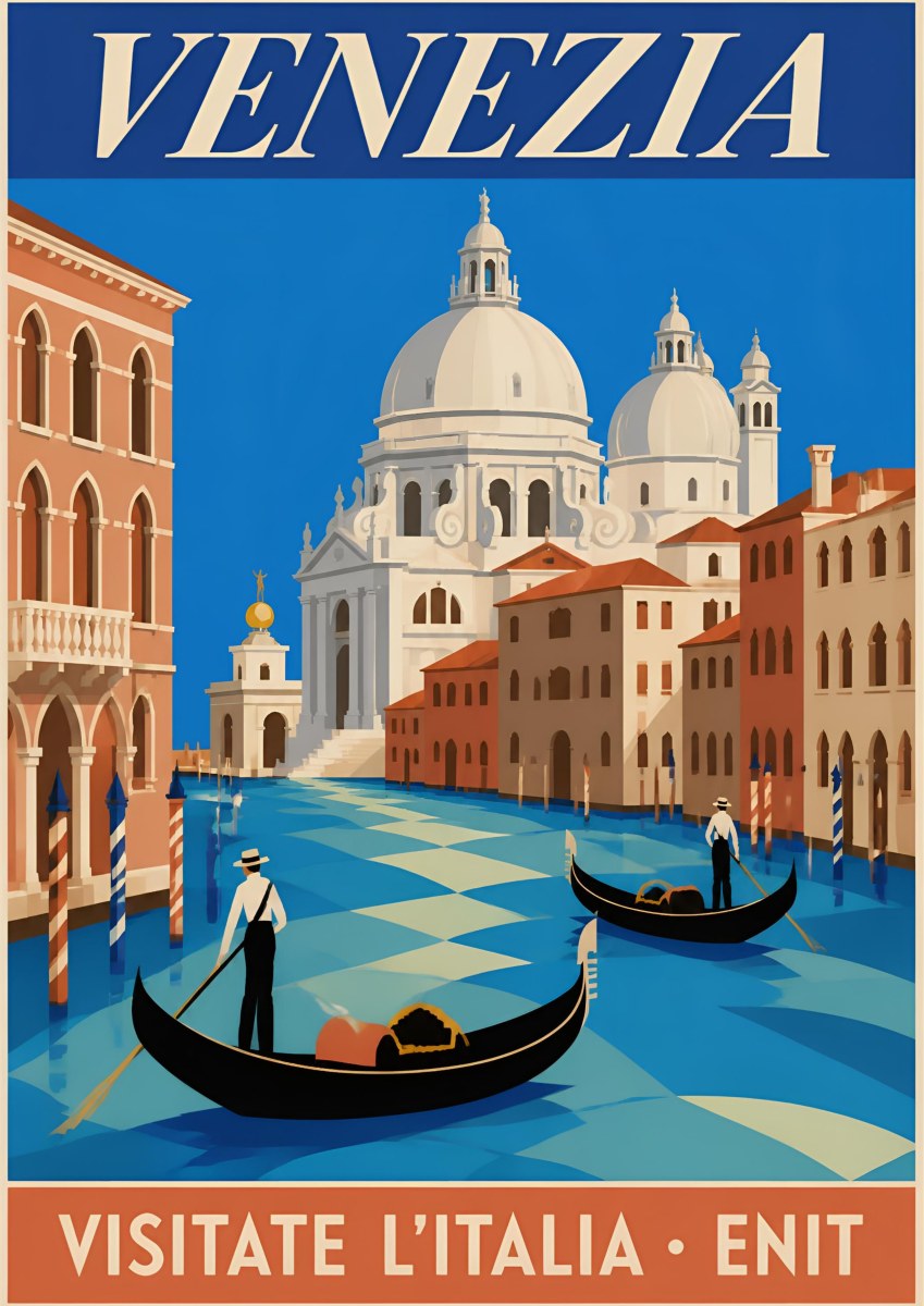 Canal Grande — Venice art print: santa Maria della Salute above the Grand Canal with two gondoliers, flat graphic blues, cream domes and terracotta palazzi