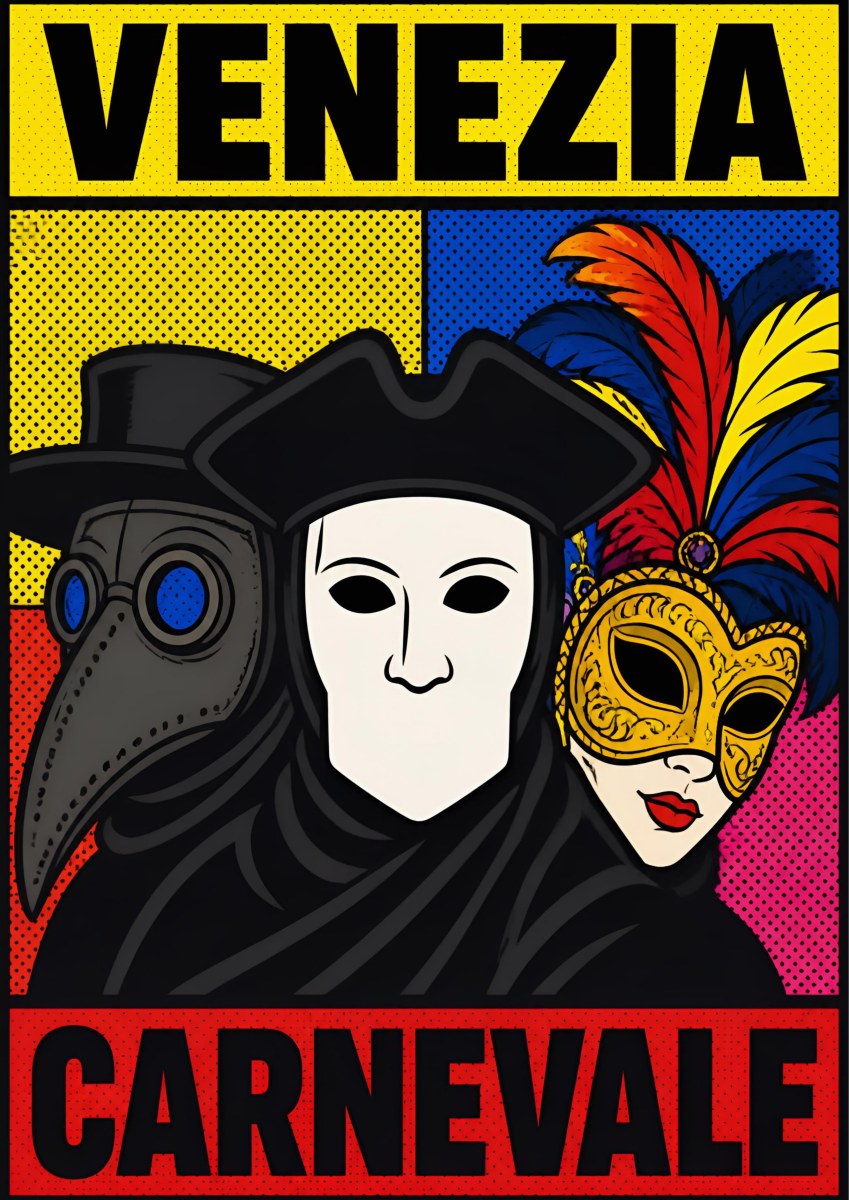 Carnevale — Venice art print: pop-art Venetian masks - plague doctor, white bauta and gilded feathered mask - on yellow, blue and magenta halftone blocks