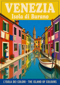 Isola Di Burano — Venice art print: burano's rainbow-painted houses along a canal with hanging laundry, a moored boat and vivid reflections in turquoise water