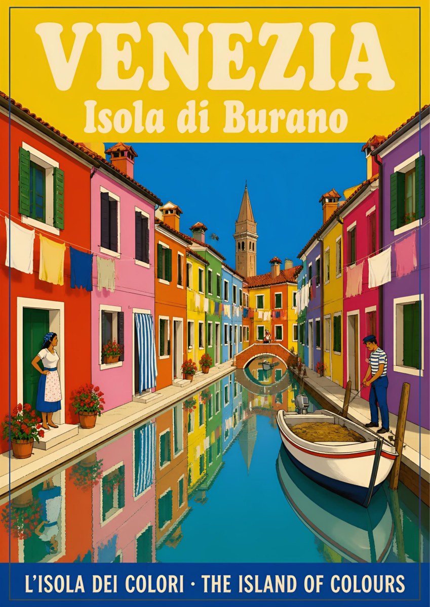 Isola Di Burano — Venice art print: burano's rainbow-painted houses along a canal with hanging laundry, a moored boat and vivid reflections in turquoise water