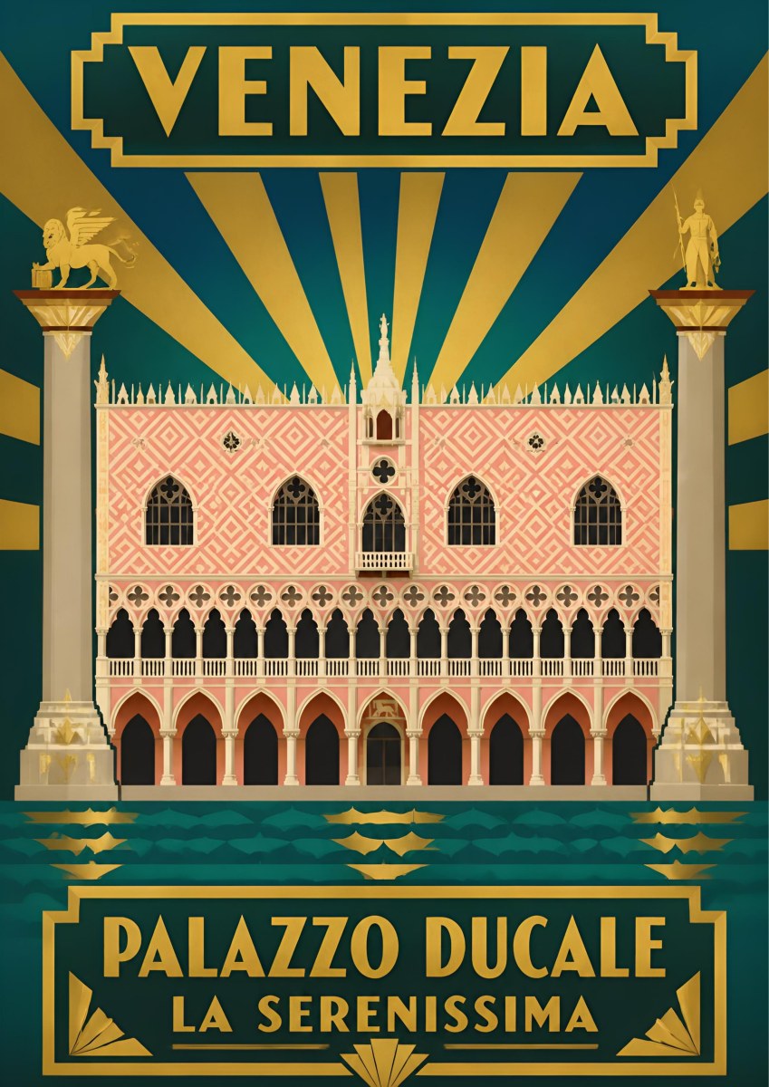 Palazzo Ducale — Venice art print: the Doge's Palace facade with the winged lion column, art deco gold and green sunburst, pink patterned brickwork