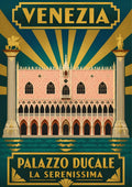 Palazzo Ducale — Venice art print: the Doge's Palace facade with the winged lion column, art deco gold and green sunburst, pink patterned brickwork