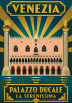 Palazzo Ducale — Venice art print: the Doge's Palace facade with the winged lion column, art deco gold and green sunburst, pink patterned brickwork