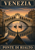 Ponte Di Rialto — Venice art print: the Rialto Bridge at dusk seen over a gondola prow with a white heron, warm apricot sky mirrored in dark water