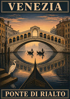 Ponte Di Rialto — Venice art print: the Rialto Bridge at dusk seen over a gondola prow with a white heron, warm apricot sky mirrored in dark water