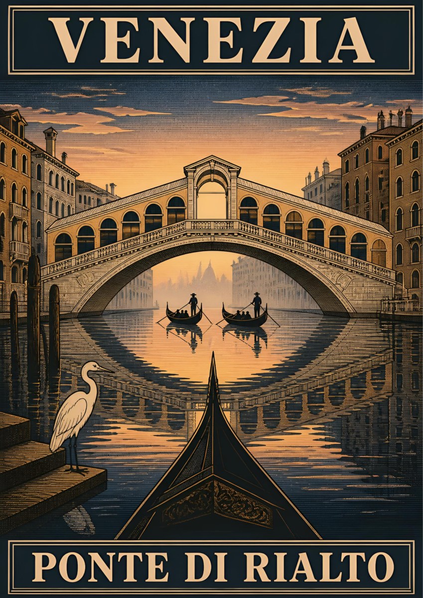 Ponte Di Rialto — Venice art print: the Rialto Bridge at dusk seen over a gondola prow with a white heron, warm apricot sky mirrored in dark water