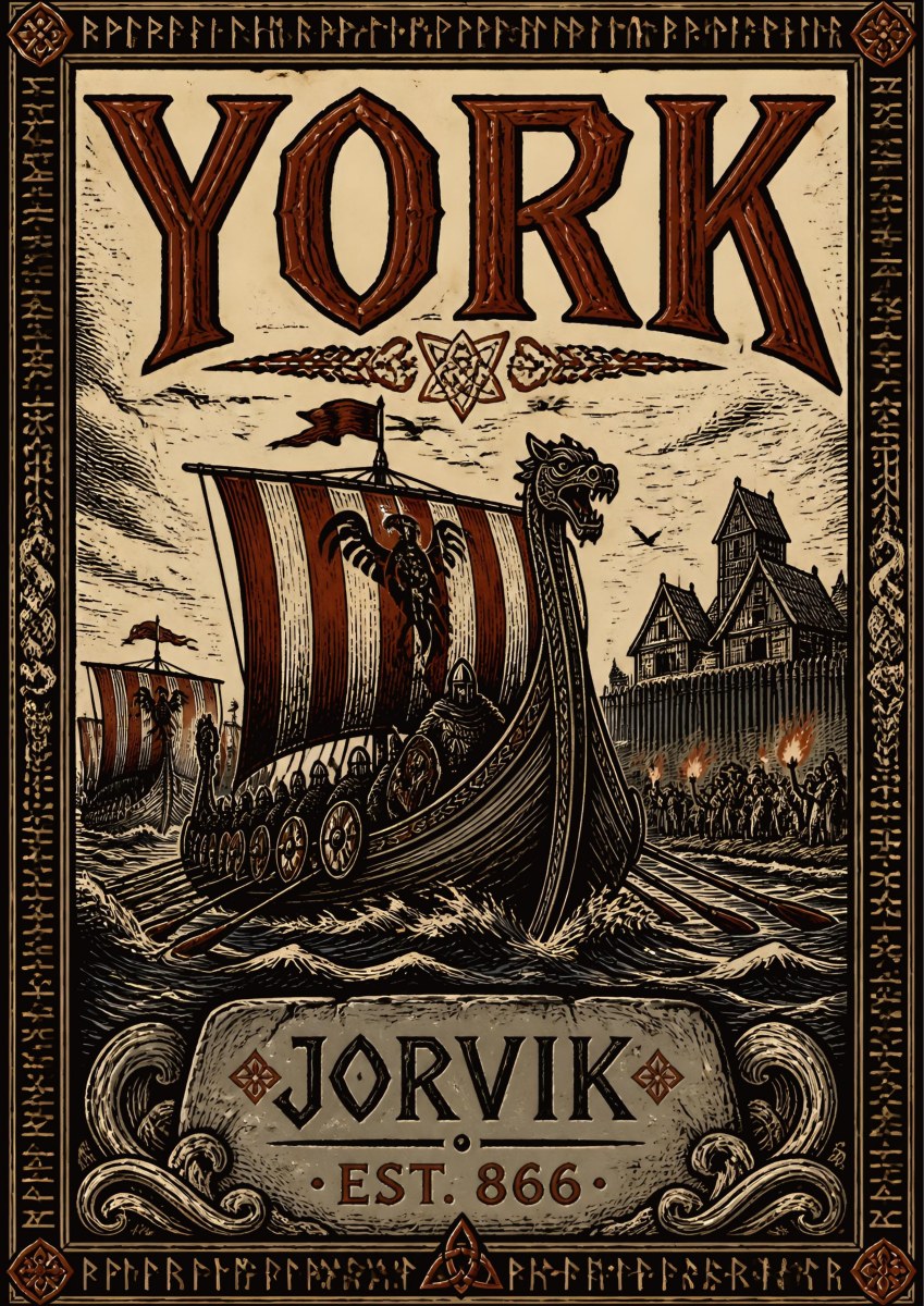 Jorvik — York art print: woodcut Viking longship with dragon prow rowing into the settlement, torchlit crowd, in rust red and cream with a runic border