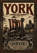 Jorvik — York art print: woodcut Viking longship with dragon prow rowing into the settlement, torchlit crowd, in rust red and cream with a runic border
