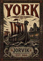 Jorvik — York art print: woodcut Viking longship with dragon prow rowing into the settlement, torchlit crowd, in rust red and cream with a runic border