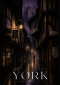 Little Shambles — York art print: moody rain-slicked Shambles at night lit by gas lamps, the Minster looming in purple mist above dark timber shopfronts
