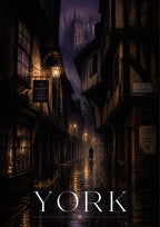 Little Shambles — York art print: moody rain-slicked Shambles at night lit by gas lamps, the Minster looming in purple mist above dark timber shopfronts