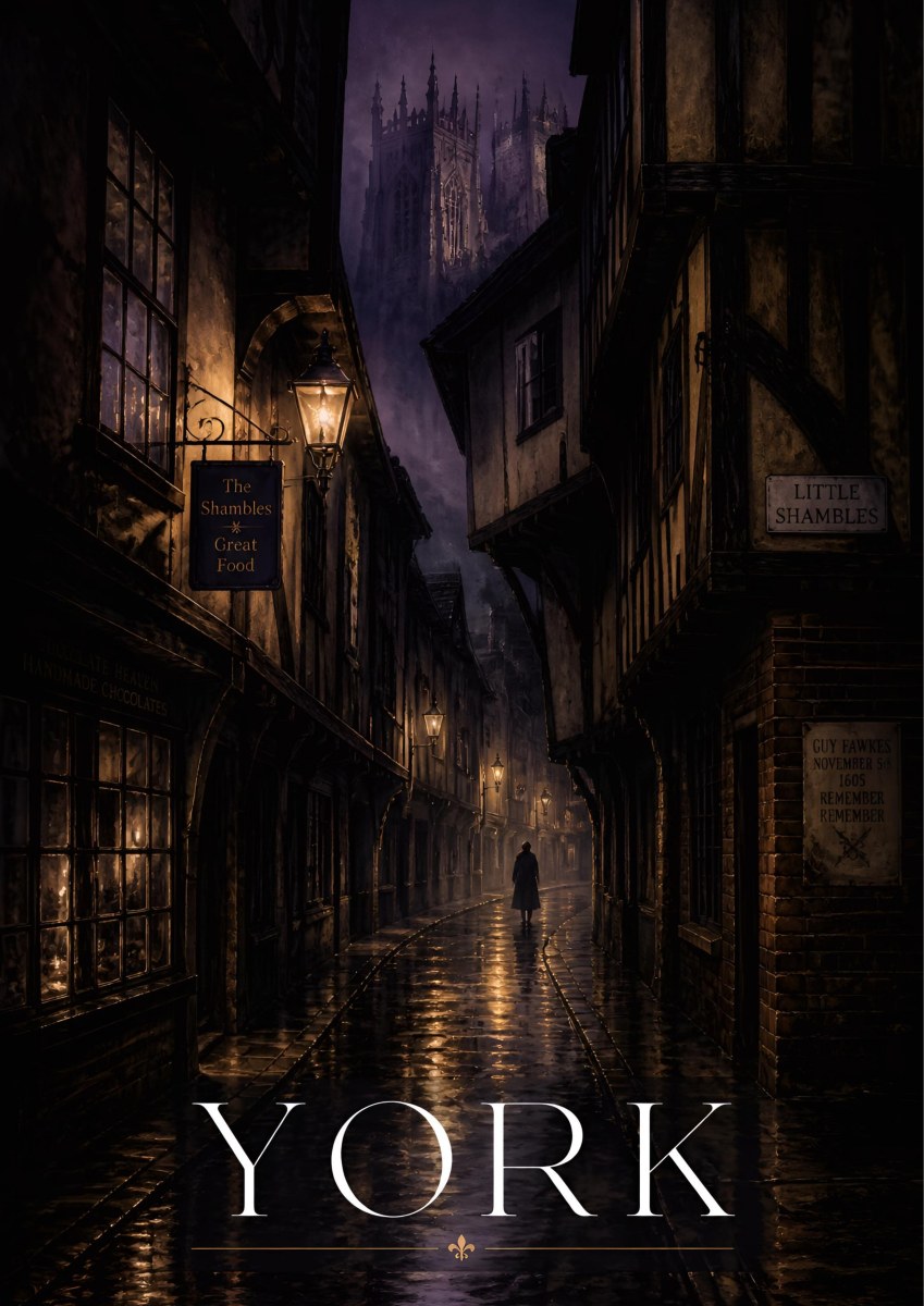 Little Shambles — York art print: moody rain-slicked Shambles at night lit by gas lamps, the Minster looming in purple mist above dark timber shopfronts