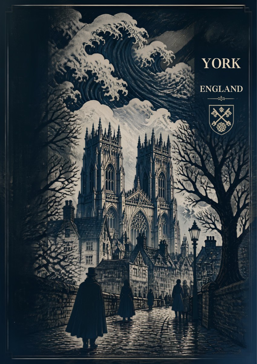 Minster In Indigo — York art print: indigo woodblock night scene of York Minster through bare trees with a stylised cresting wave overhead and caped figures on wet cobbles