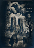 Minster In Indigo — York art print: indigo woodblock night scene of York Minster through bare trees with a stylised cresting wave overhead and caped figures on wet cobbles