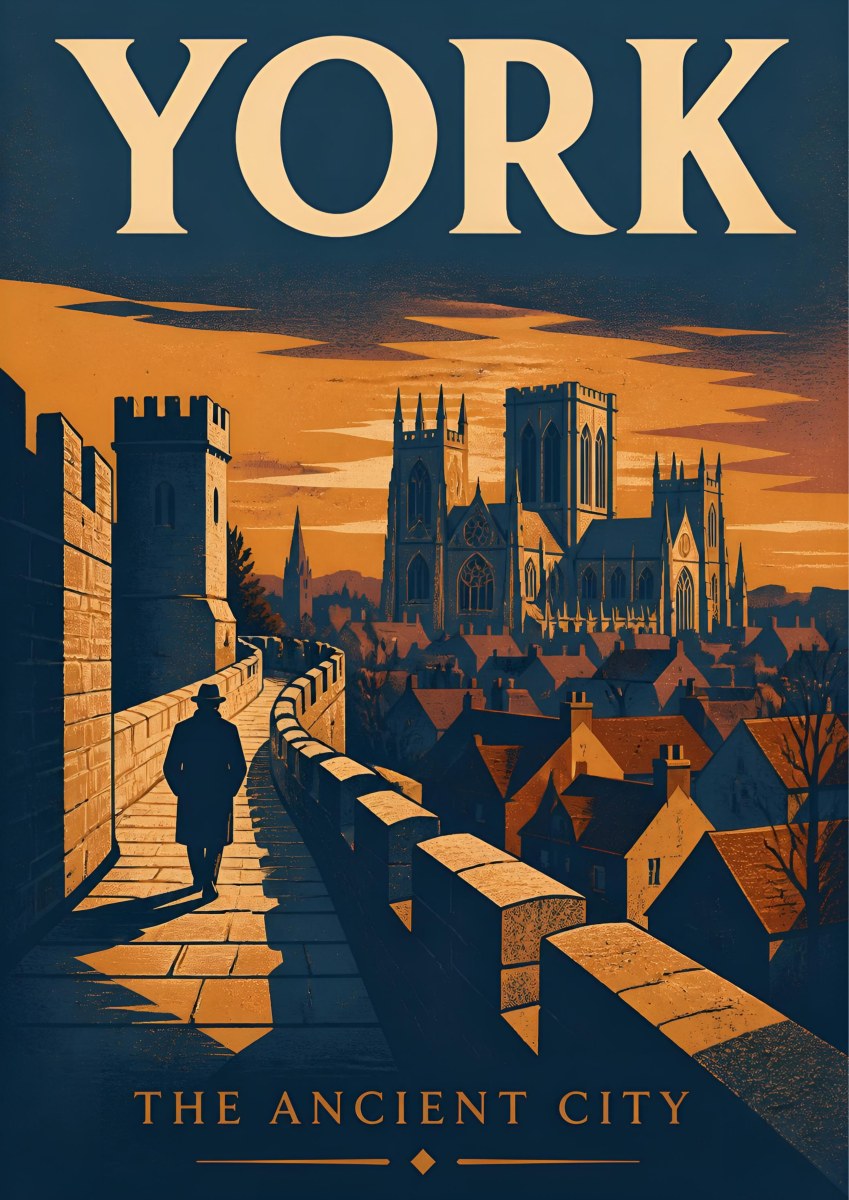 The Ancient City — York art print: a lone figure walking the city walls at dusk, York Minster and rooftops beyond, in burnt orange and deep navy