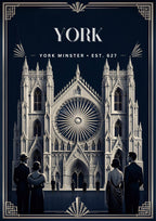 York Minster — York art print: art deco silver-white facade of York Minster with its rose window, 1920s figures in evening dress, on midnight blue