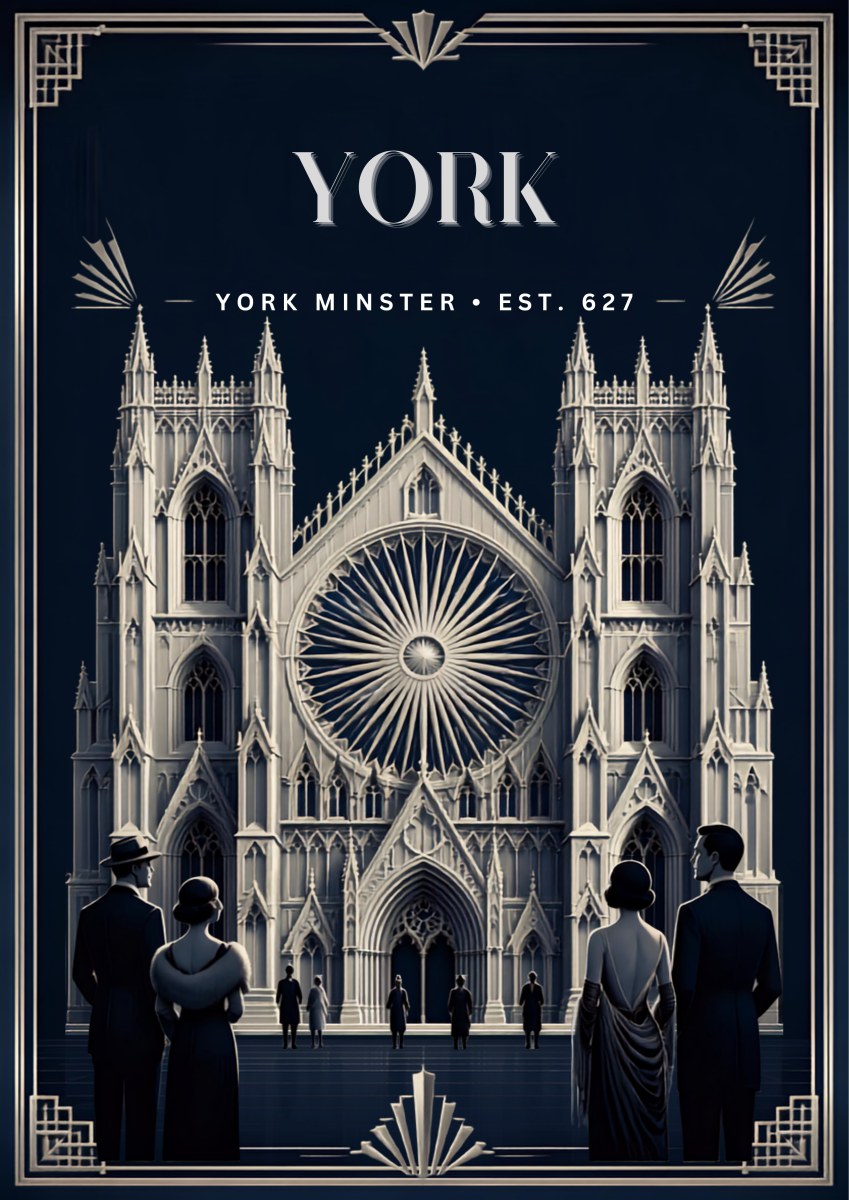 York Minster — York art print: art deco silver-white facade of York Minster with its rose window, 1920s figures in evening dress, on midnight blue