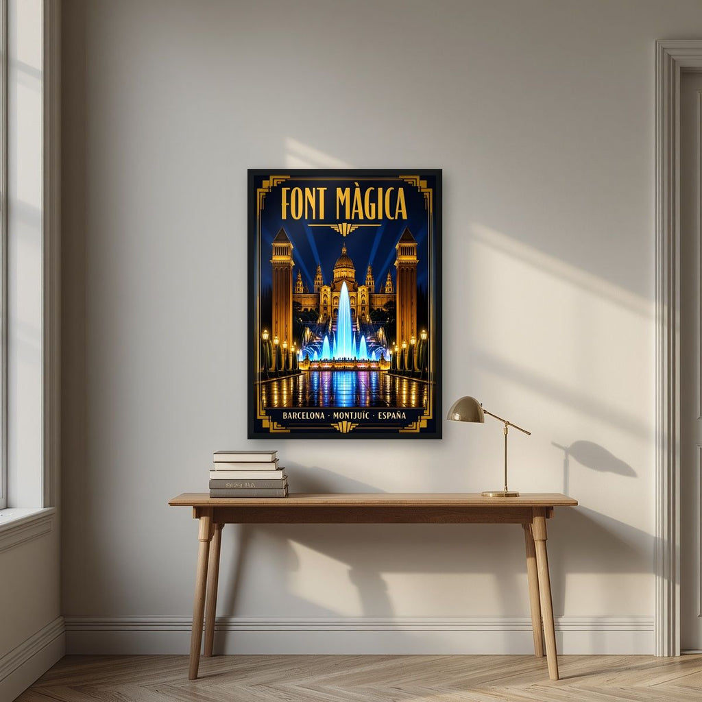 Font Màgica — Barcelona art print, in a black frame, styled in a desk