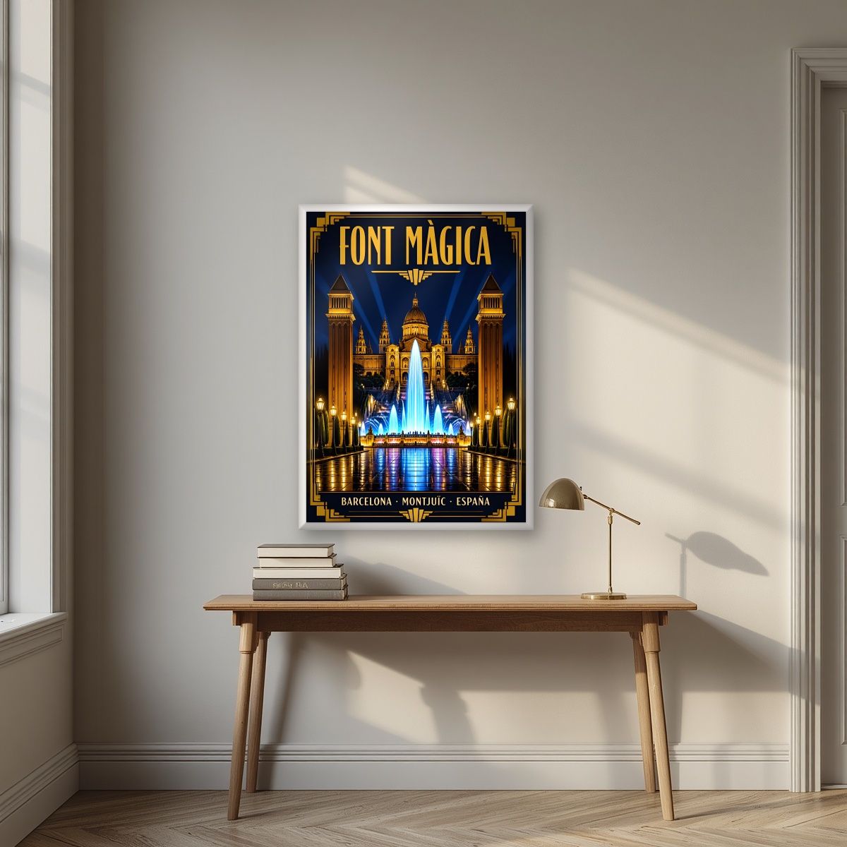 Font Màgica — Barcelona art print, in a white frame, styled in a desk