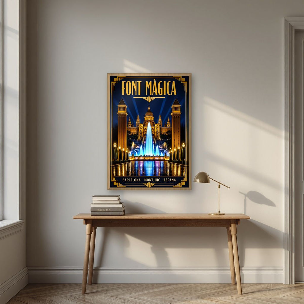 Font Màgica — Barcelona art print, in an oak frame, styled in a desk