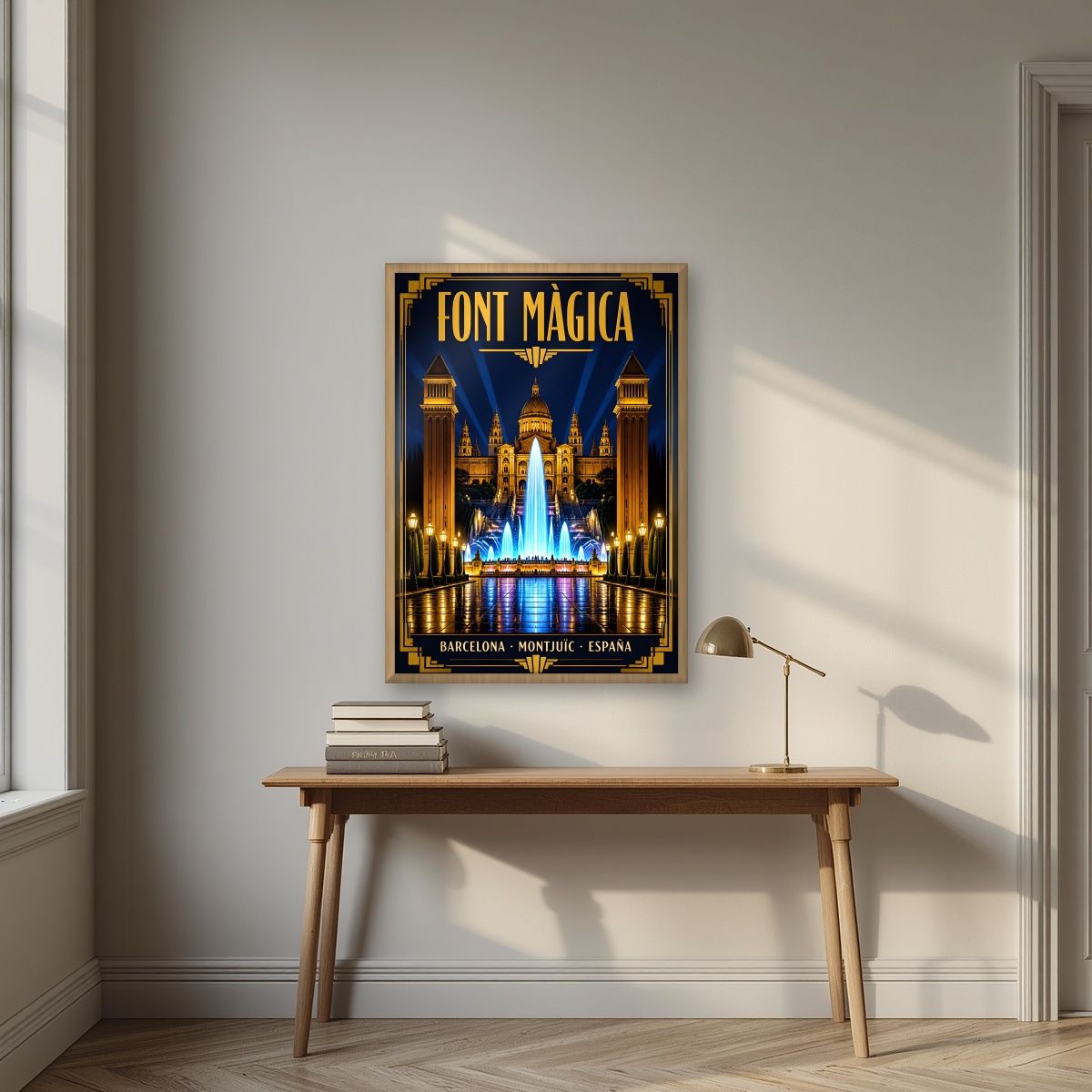 Font Màgica — Barcelona art print, in an oak frame, styled in a desk