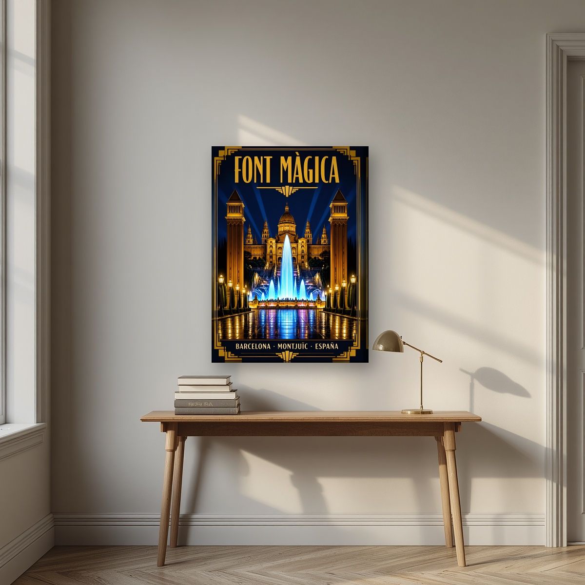 Font Màgica — Barcelona art print, on slim canvas, styled in a desk