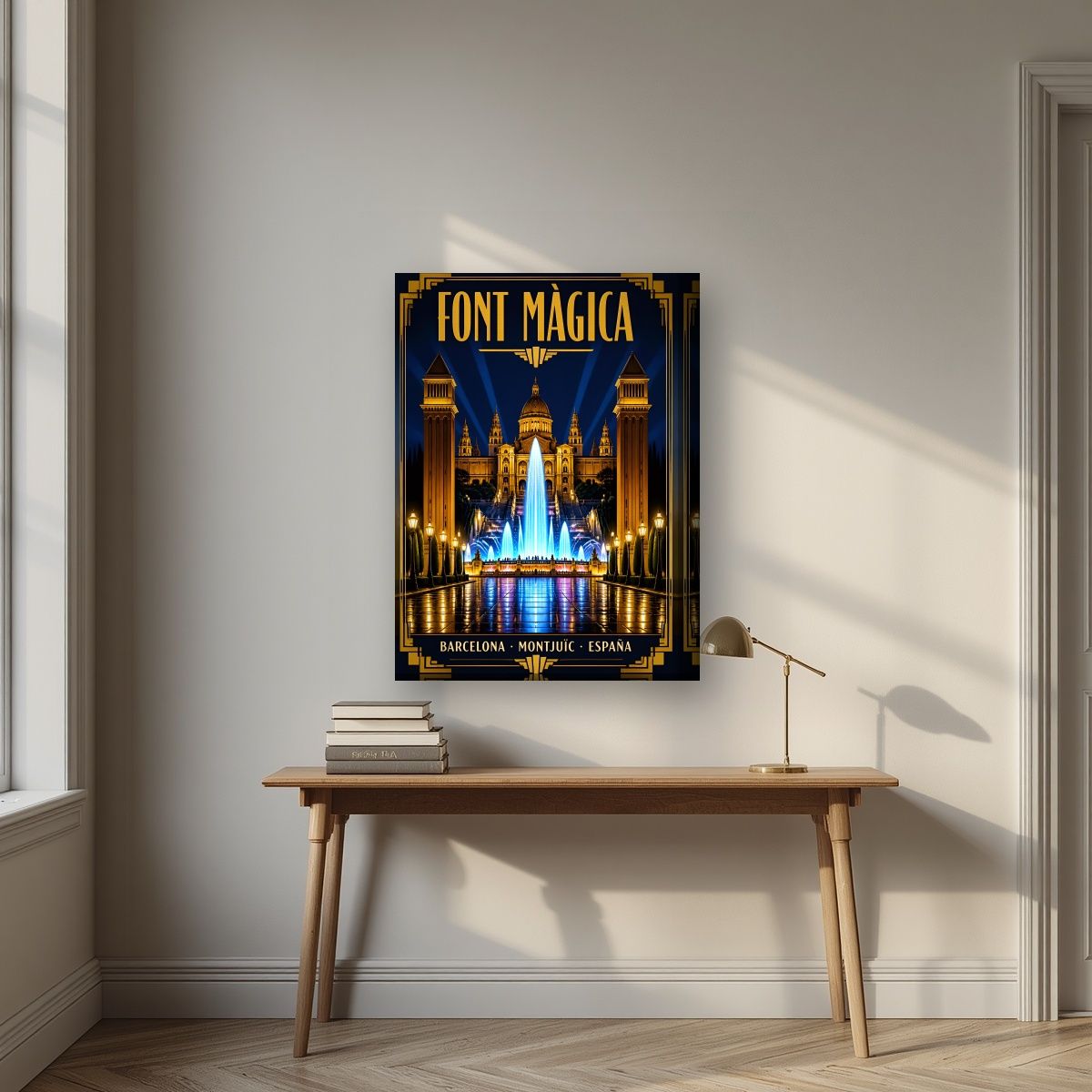 Font Màgica — Barcelona art print, on thick canvas, styled in a desk