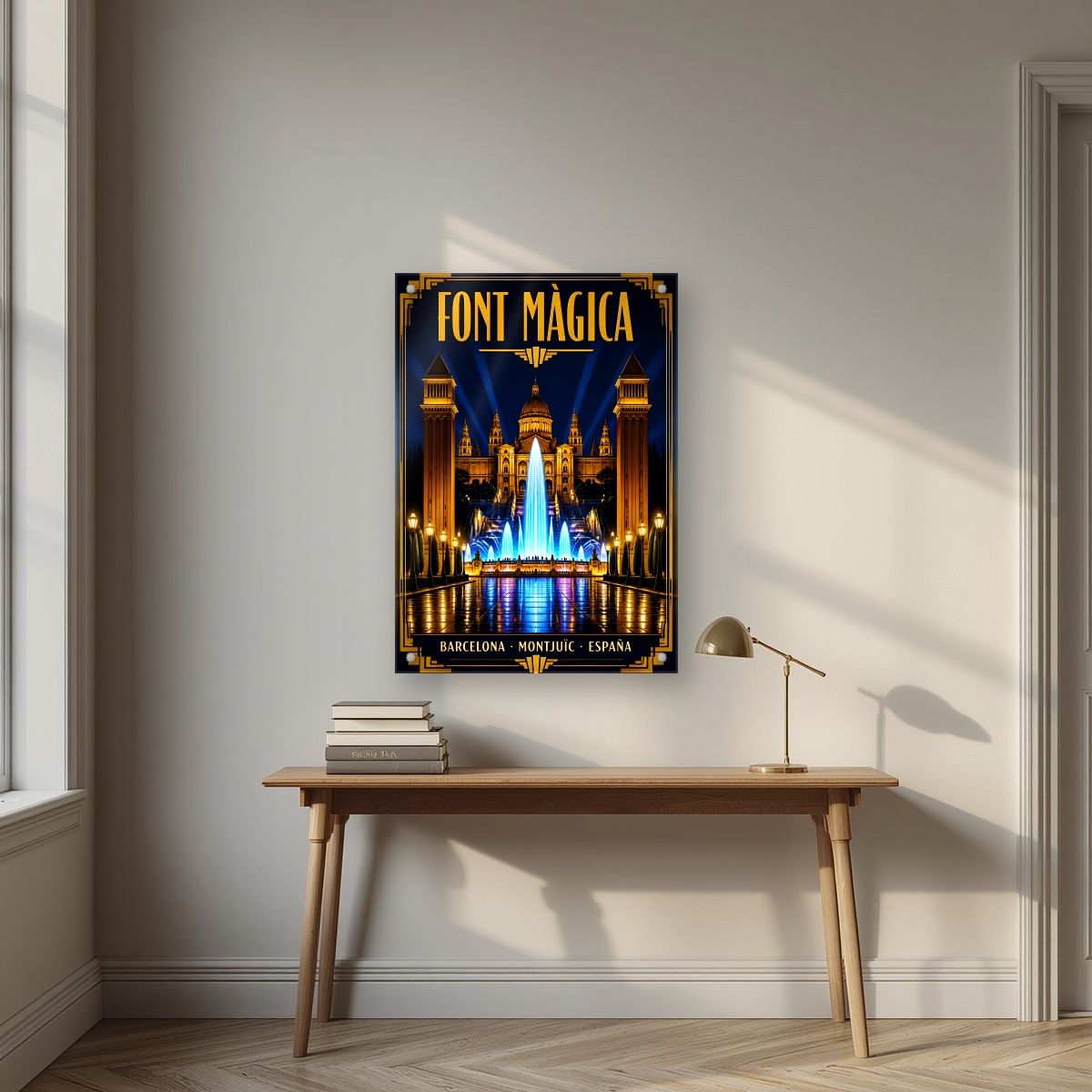 Font Màgica — Barcelona art print, as an acrylic print, styled in a desk
