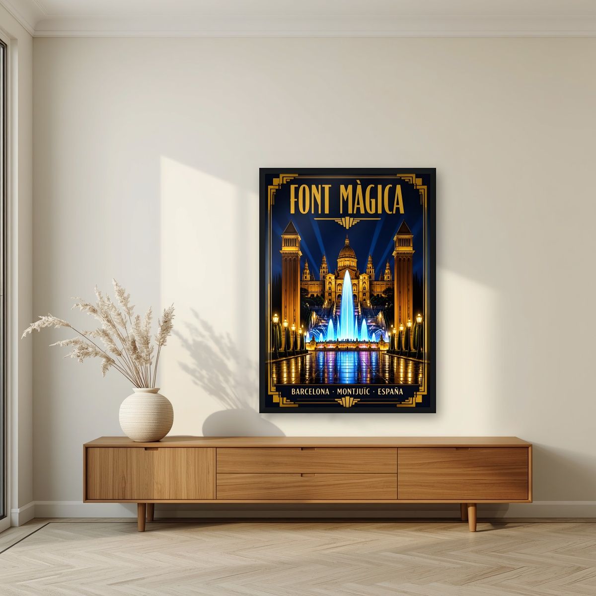 Font Màgica — Barcelona art print, in a black frame, styled in a living room