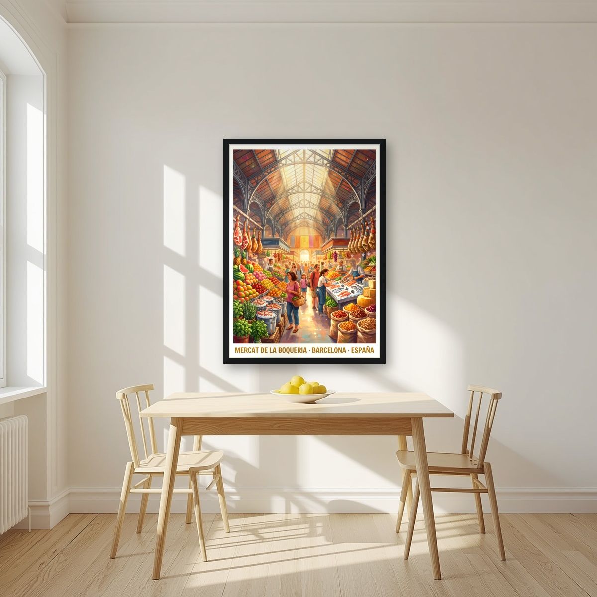 Mercat de la Boqueria — Barcelona art print, in a black frame, styled in a kitchen