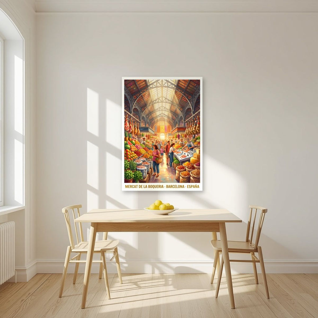 Mercat de la Boqueria — Barcelona art print, unframed poster, styled in a kitchen