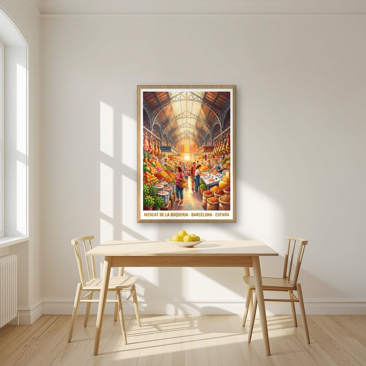Mercat de la Boqueria — Barcelona art print, in an oak frame, styled in a kitchen