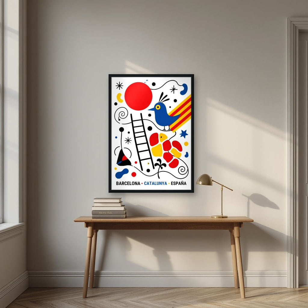 Ocell Blau — Barcelona art print, in a black frame, styled in a desk