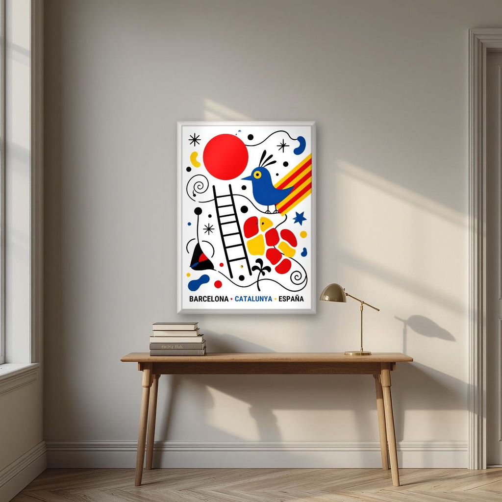 Ocell Blau — Barcelona art print, in a white frame, styled in a desk