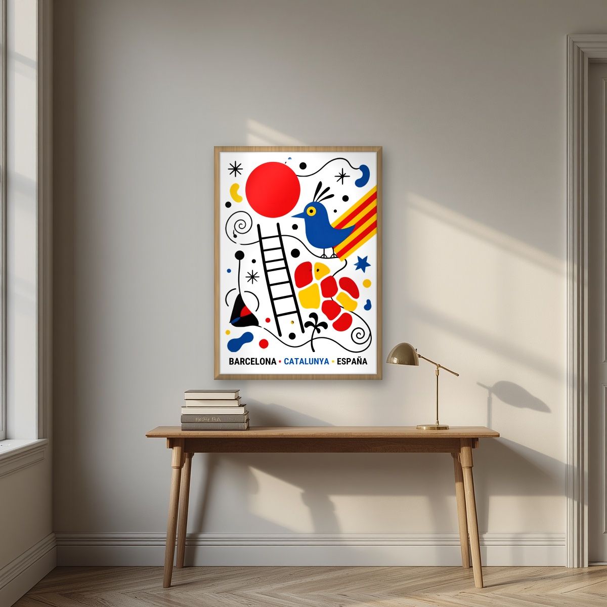 Ocell Blau — Barcelona art print, in an oak frame, styled in a desk