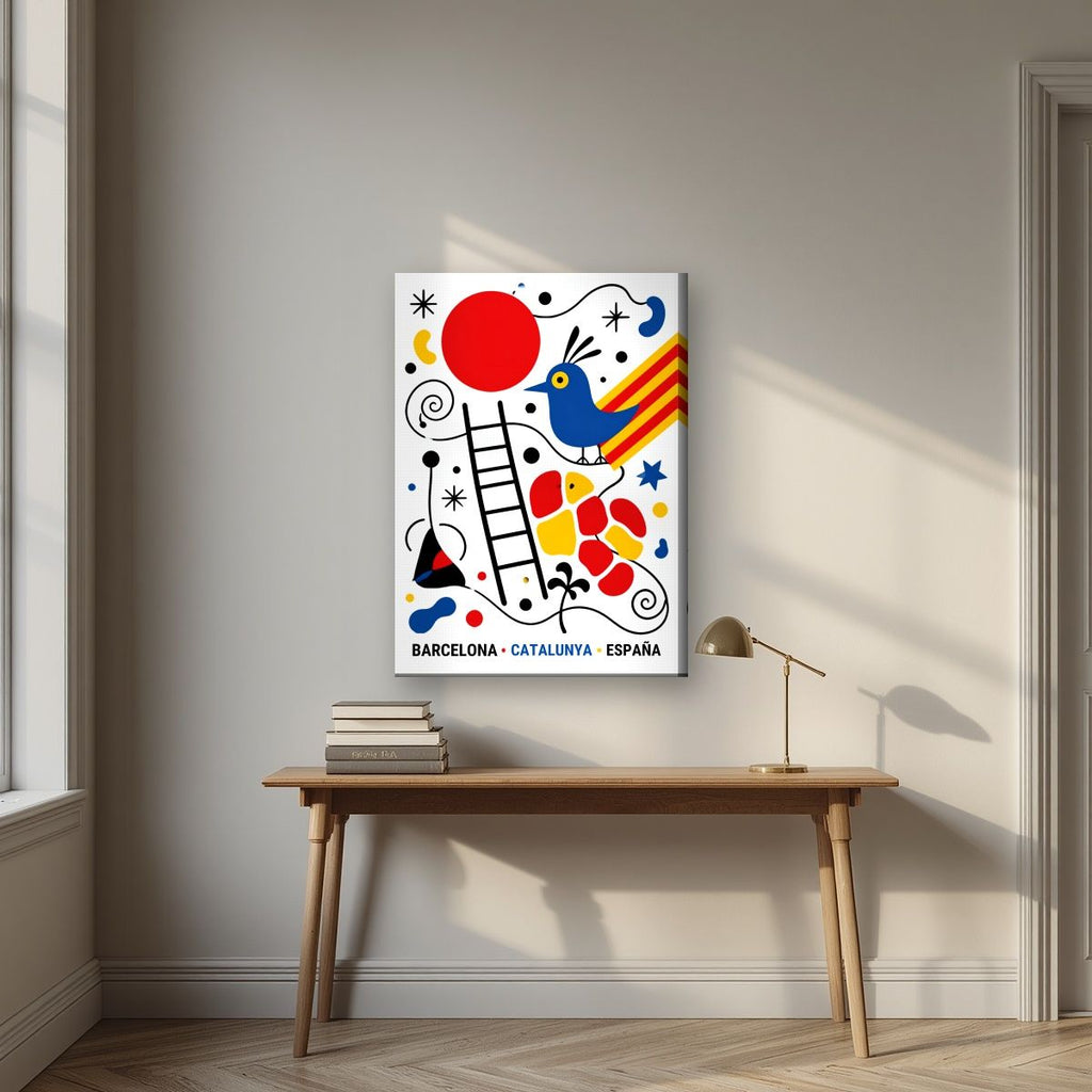 Ocell Blau — Barcelona art print, on slim canvas, styled in a desk