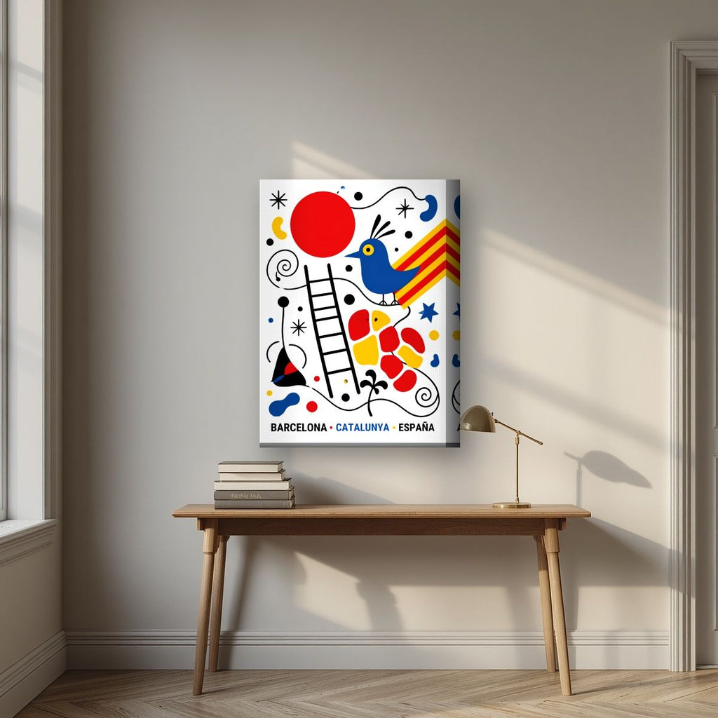 Ocell Blau — Barcelona art print, on thick canvas, styled in a desk