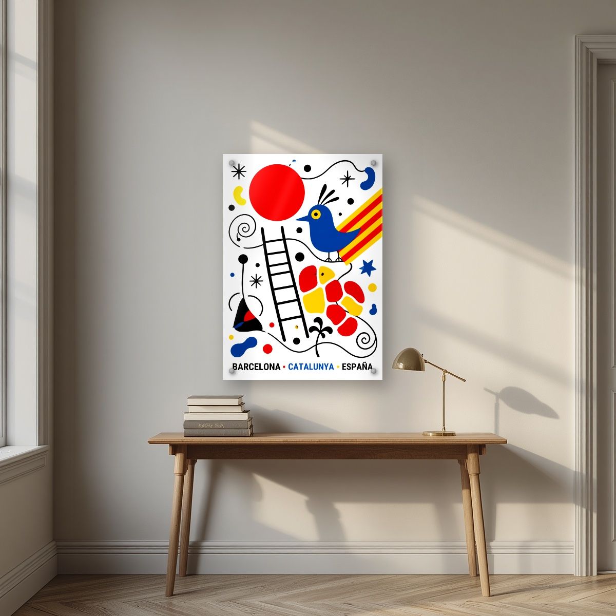 Ocell Blau — Barcelona art print, as an acrylic print, styled in a desk