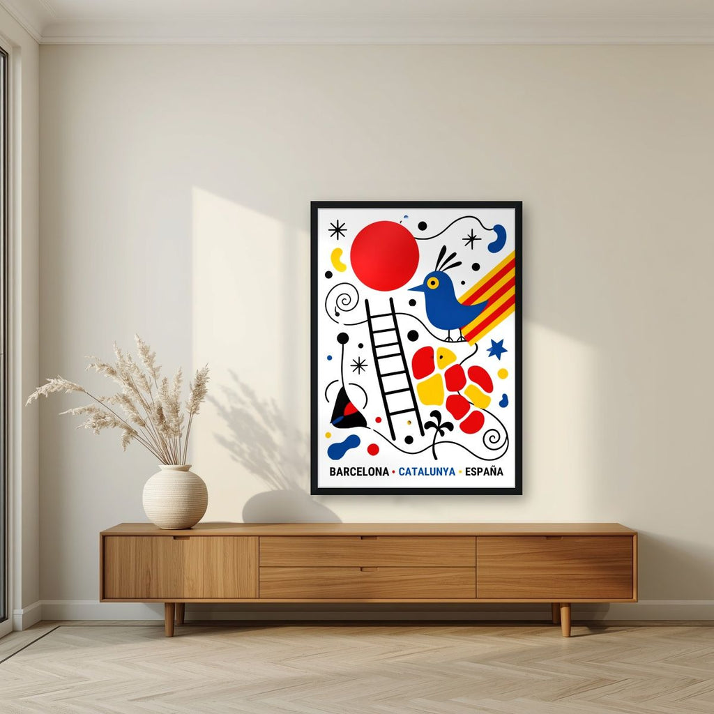 Ocell Blau — Barcelona art print, in a black frame, styled in a living room